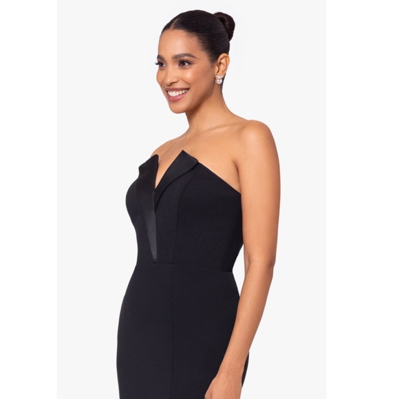 NEW BETSY & ADAM Black STRETCH CREPE Tux Detail STRAPLESS Lapel COLUMN GOWN 10 - Picture 13 of 16